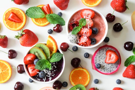 Colorful fruits like oranges and blueberries
